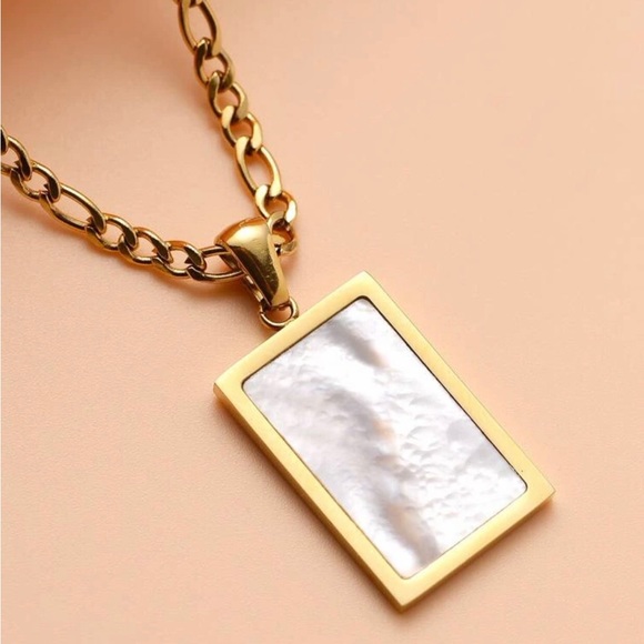 Mother Pearl Rectangle Iridescent Shell Gold Stainless Steel Geometric Necklace - Picture 1 of 17